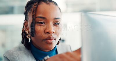 Buy stock photo Reading, computer and business black woman in office for finance report, research and audit review. Professional, corporate and worker online for financial proposal, project and budget planning