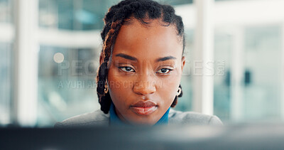 Buy stock photo Reading, serious and business black woman on computer for finance report, research and audit review. Professional, corporate and worker online for financial proposal, website and budget planning