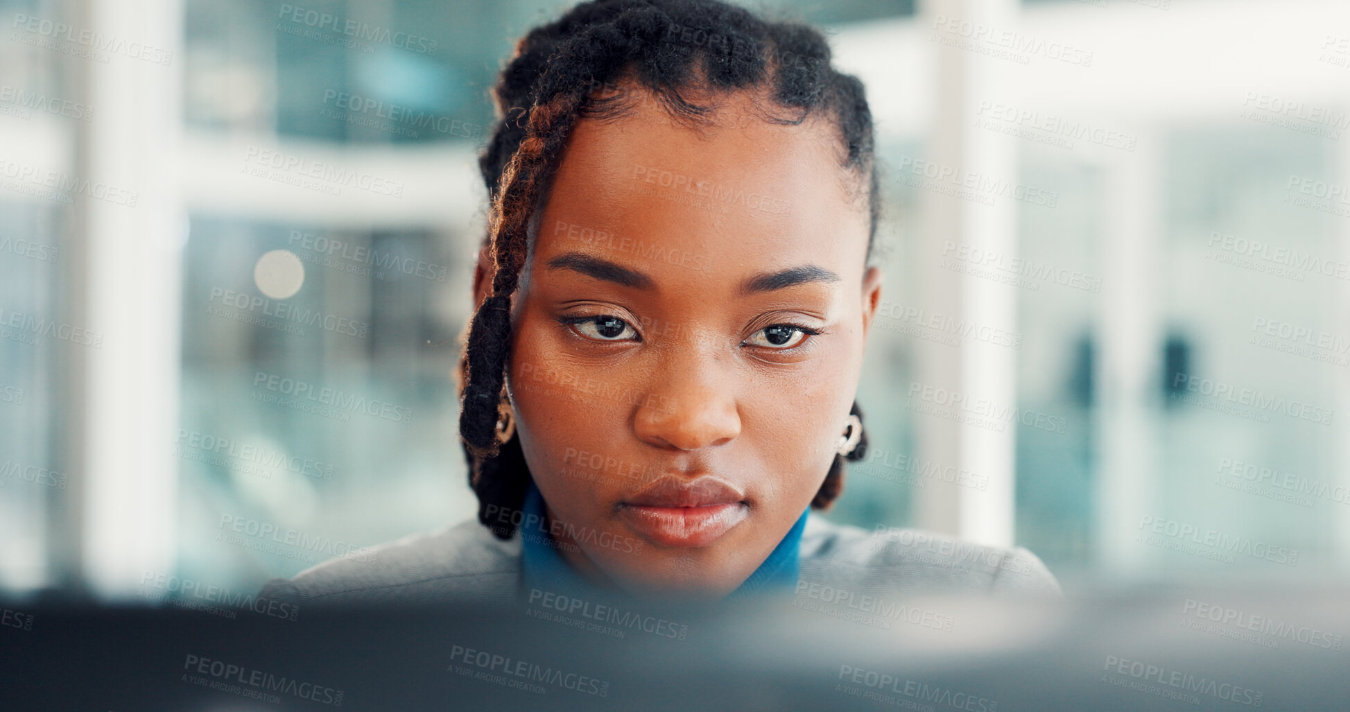 Buy stock photo Reading, serious and business black woman on computer for finance report, research and audit review. Professional, corporate and worker online for financial proposal, website and budget planning