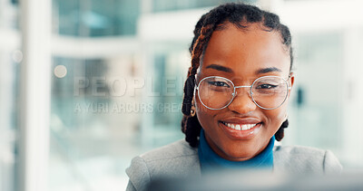 Buy stock photo Business, woman and happy with laptop in office for financial report, budget review and data entry. Accountant, black person and space with technology for audit payment, investment proposal and bokeh