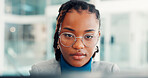 Reading, glasses and business black woman in office for finance report, research and audit review. Professional, corporate and worker online for financial proposal, documents and budget planning