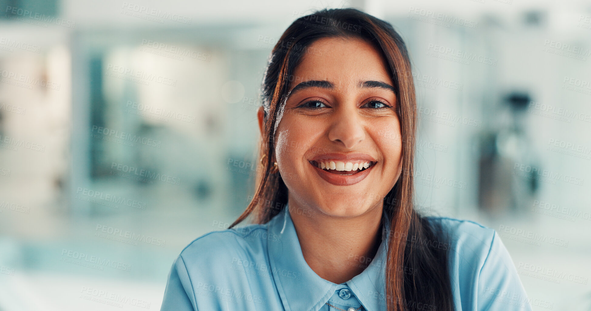 Buy stock photo Office, happy and portrait of business woman with confidence, pride and laugh for finance career. Corporate, professional and person with smile for about us, ambition and financial consultant job