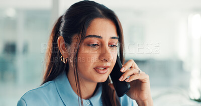Buy stock photo Phone call, business and woman in office for contact, investment advice and discussion. Financial advisor, professional and person on smartphone for talking, finance consulting and connection
