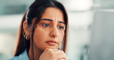 Buy stock photo Business, woman and thinking with computer in office for financial report, budget review and planning. Accountant, serious or tech with reading for funding proposal, audit decision or problem solving