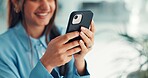 Hands, business woman and scroll with phone for texting customer, schedule online post or comment. Social media specialist, employee and smartphone in office to track brand performance and research
