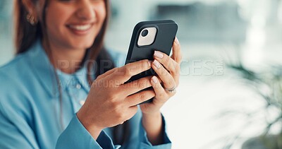 Buy stock photo Hands, business woman and scroll with phone for texting customer, schedule online post or comment. Social media specialist, employee and smartphone in office to track brand performance and research