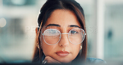 Buy stock photo Reading, glasses and business woman in office for finance report, research and audit review. Reflection, corporate and worker online for financial proposal, documents or budget planning with eyewear