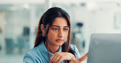 Buy stock photo Reading, laptop and business woman in office for finance report, online research and audit review. Professional, corporate and worker on computer for financial proposal, website and budget planning