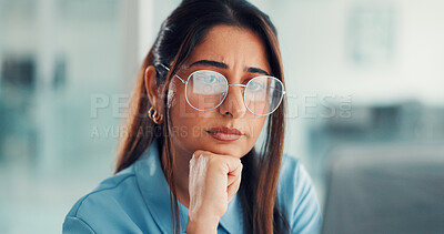 Buy stock photo Reading, glasses and business woman online for finance report, research and audit review. Professional, corporate and worker on computer for financial proposal, documents or budget planning in office