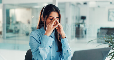 Buy stock photo Business woman, headache and laptop with stress in office for mistake, fail or pressure. Tired, female person or employee with migraine, eye strain or fatigue for project deadline in workplace