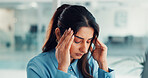 Business woman, headache and deadline with stress in office for mistake, fail or pressure. Tired, female person or employee with migraine, eye strain or fatigue for mental health or pain in workplace