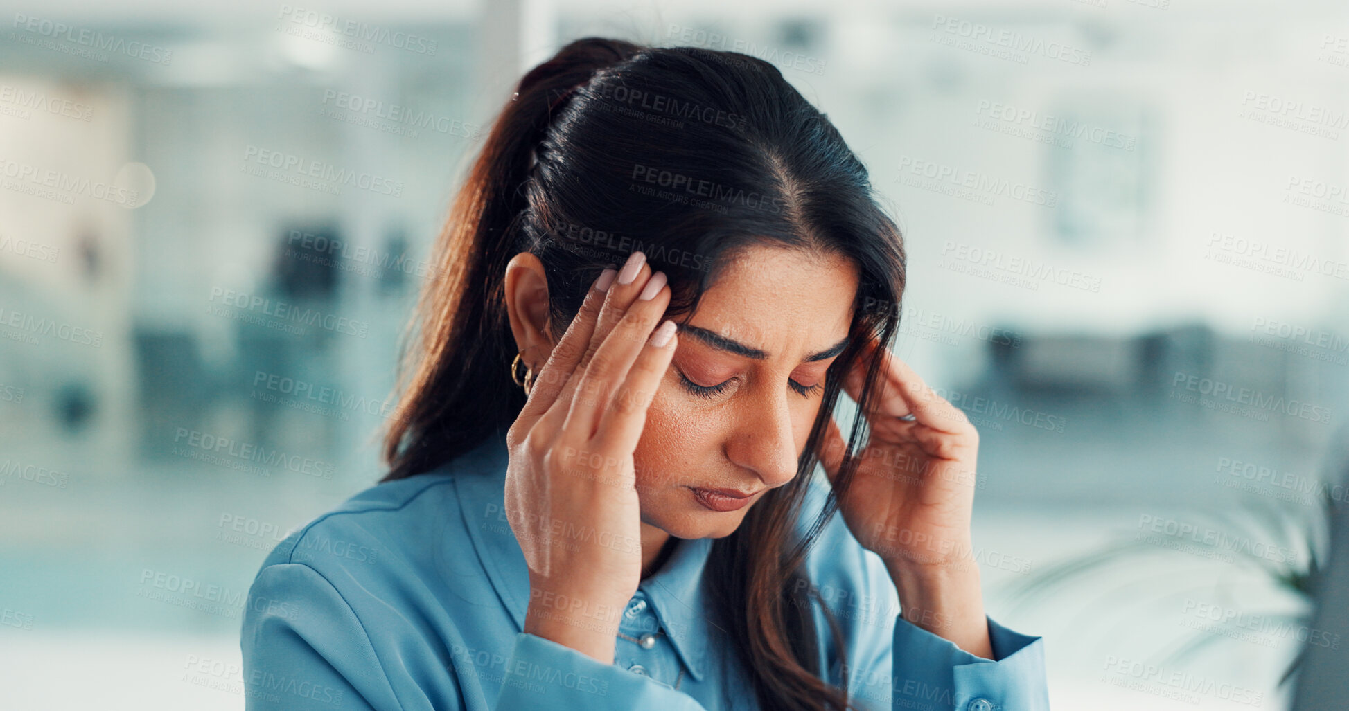 Buy stock photo Business woman, headache and deadline with stress in office for mistake, fail or pressure. Tired, female person or employee with migraine, eye strain or fatigue for mental health or pain in workplace
