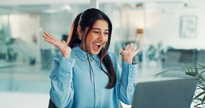 Buy stock photo Business, woman and excited with laptop in office for article success, trending story and good news. Publishing agency, journalist and celebration with tech for blog recognition or career achievement