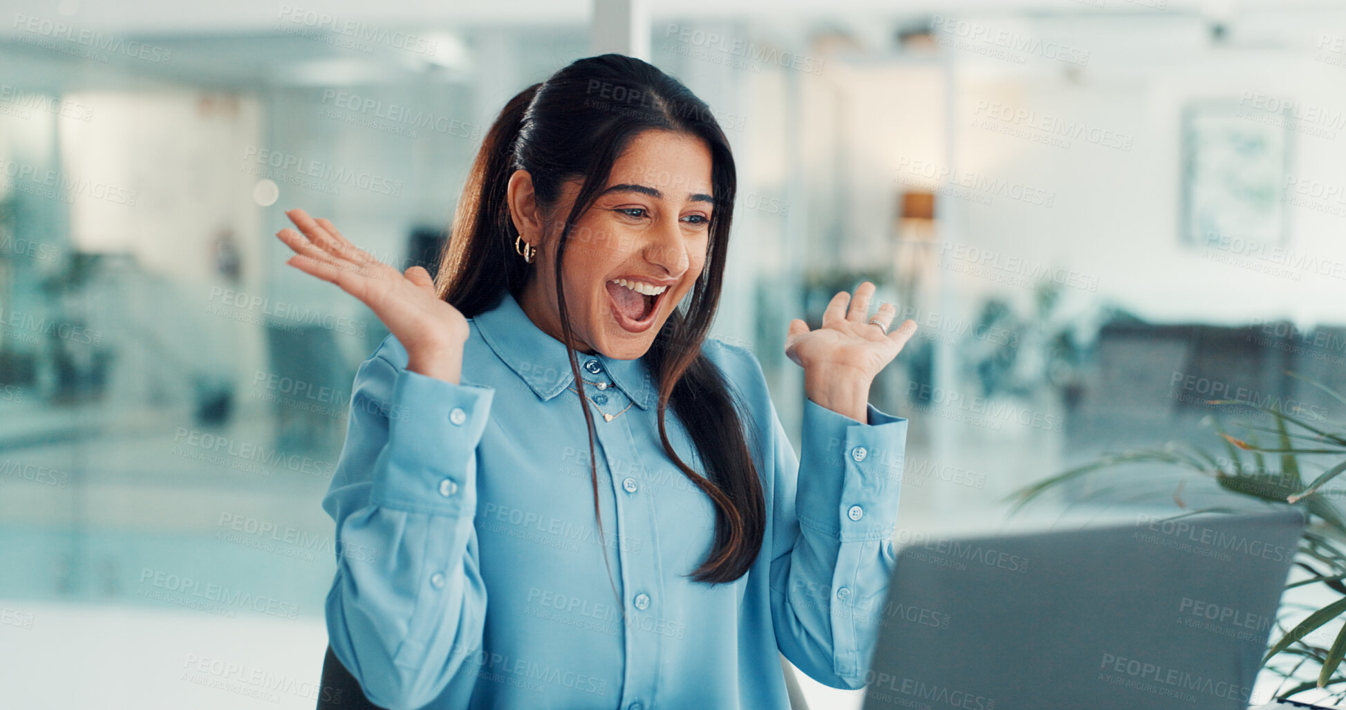 Buy stock photo Business, woman and excited with laptop in office for article success, trending story and good news. Publishing agency, journalist and celebration with tech for blog recognition or career achievement