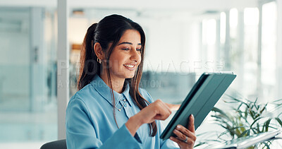 Buy stock photo Happy, tablet and business woman in office for financial report, investment research and website. Professional, corporate and person on digital tech for finance proposal, planning and budget review