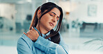 Stress, business woman and shoulder pain in office from workload pressure, poor posture and burnout. Discomfort, employee and muscle tension at workplace with joint inflammation, exhausted and strain