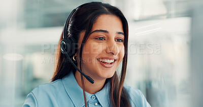 Buy stock photo Headset, happy and business woman in office for customer service, online advice and consulting. Professional, corporate and person with mic for virtual support, communication and b2c discussion