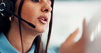 Headset, talking and business woman in office for customer service, online advice and consulting. Professional, corporate and person with mic for virtual support, communication and b2c discussion