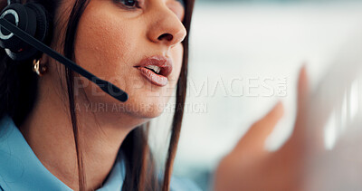 Buy stock photo Headset, talking and business woman in office for customer service, online advice and consulting. Professional, corporate and person with mic for virtual support, communication and b2c discussion