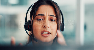 Buy stock photo Sales, headset and woman with laptop, call center or communication with contact for lead generation. Consultant, discussion and person with tech for telemarketing, talking and customer service on web
