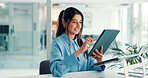 Corporate, tablet and business woman in office for financial report, investment research and website. Professional, online and person on digital tech for finance proposal, planning and budget review