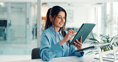 Buy stock photo Corporate, tablet and business woman in office for financial report, investment research and website. Professional, online and person on digital tech for finance proposal, planning and budget review