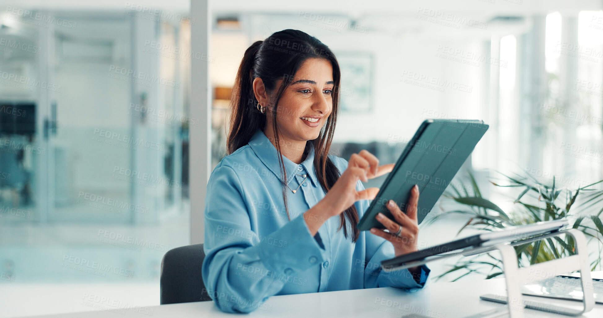 Buy stock photo Corporate, tablet and business woman in office for financial report, investment research and website. Professional, online and person on digital tech for finance proposal, planning and budget review