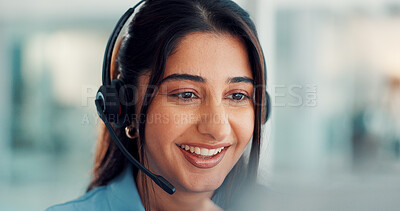 Buy stock photo Happy, agent and woman with headset, call center and communication with contact for lead generation. Consultant, discussion and person with tech for telemarketing, talking and customer service on web