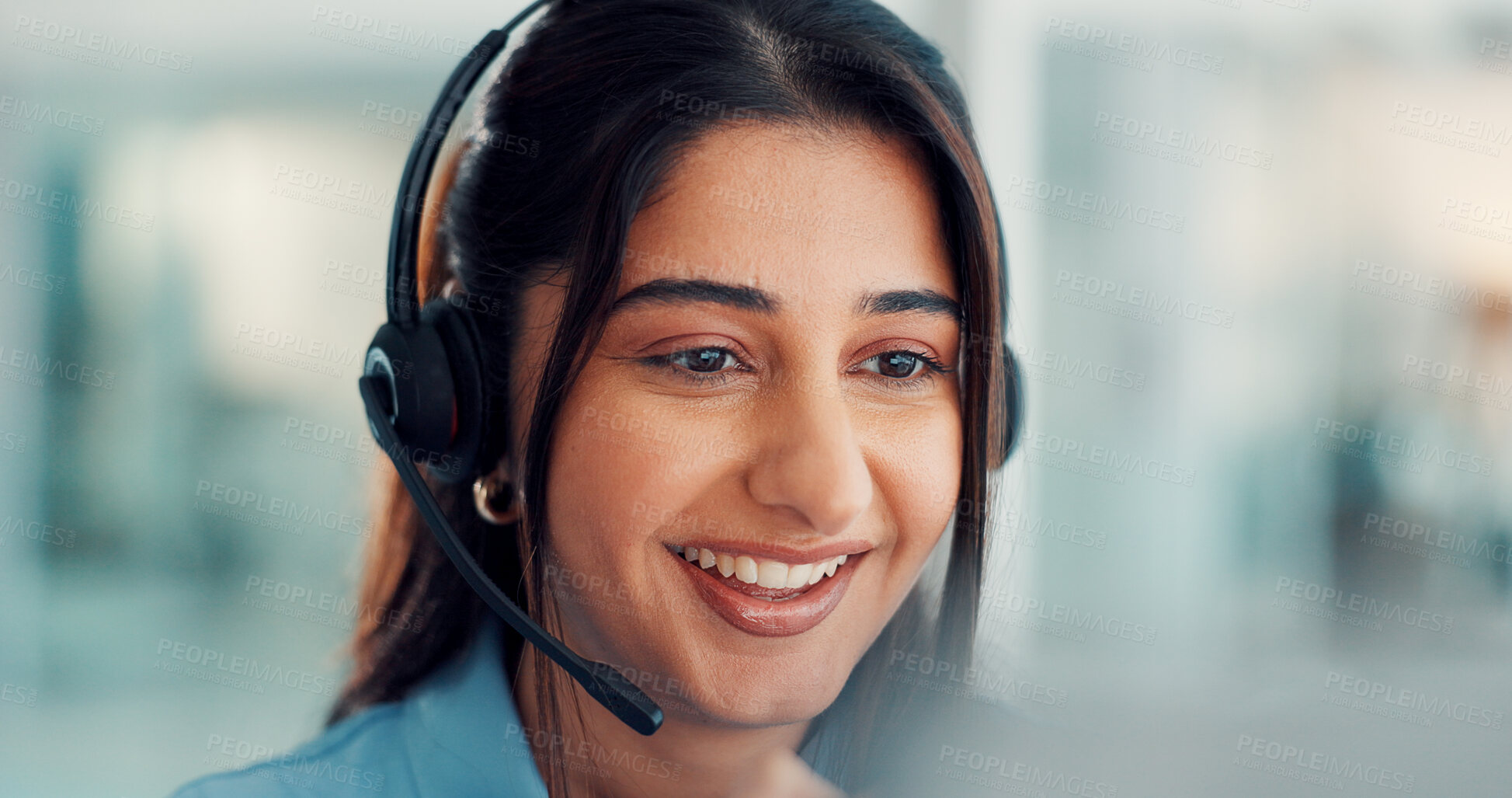 Buy stock photo Happy, agent and woman with headset, call center and communication with contact for lead generation. Consultant, discussion and person with tech for telemarketing, talking and customer service on web