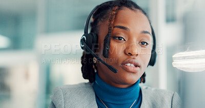 Buy stock photo Headset, talking and business black woman in office for customer service, online advice and consulting. Professional, corporate and person with mic for virtual support, communication and discussion