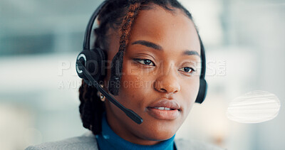 Buy stock photo Headset, business and black woman in office for customer service, online advice and consulting. Professional, corporate and person with mic for virtual support, communication and b2c discussion