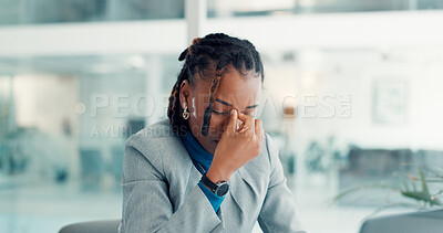 Buy stock photo Pain, business woman and headache in office with discomfort, workload stress and overworked. Burnout, black person and tech with tension migraine from mental strain, deadline pressure and brain fog