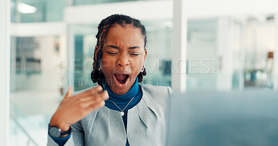 Buy stock photo Laptop, business woman and tired with yawn in office from auditing fatigue, exhausted or burnout. Accountant, black person or tech with low energy at firm from payroll workload, overworked and sleepy