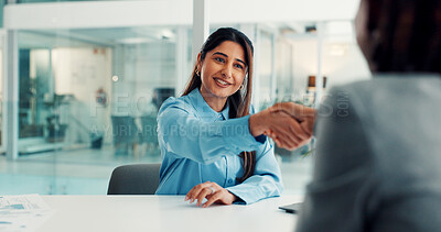 Buy stock photo Woman, handshake and happy with hiring, welcome and recruitment process with deal at company. Person, human resources and shaking hands with smile, agreement and onboarding with success at agency