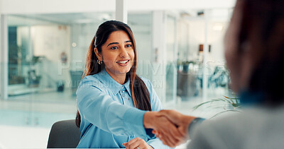 Buy stock photo Woman, handshake and smile with hiring, welcome and recruitment process for deal at company. Person, human resources and shaking hands with thanks, agreement or onboarding with interview at agency