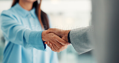 Buy stock photo Shaking hands, interview and deal for hiring, recruitment process or agreement for job at company. Person, human resource manager and handshake for welcome, success or thanks for onboarding at agency