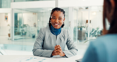 Buy stock photo Woman, team and discussion with documents, graph and planning with financial review at company. Business people, smile and talk with paperwork, stats and feedback with investment portfolio at agency