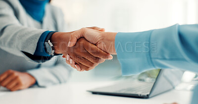 Buy stock photo Shaking hands, interview and agreement for hiring, recruitment process and success at company. Person, human resources manager and handshake with welcome, deal or onboarding with thanks at agency