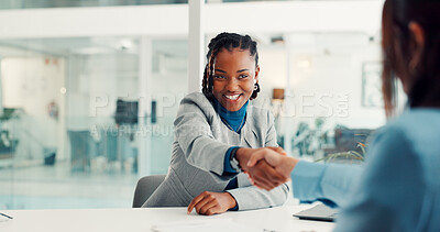 Buy stock photo Handshake, meeting and business women in office for partnership, financial advisor and agreement. Corporate, professional and people shaking hands for investment deal, negotiation and teamwork