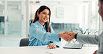 Handshake, meeting and business people in office for partnership, financial advisor and agreement. Corporate, professional and workers shaking hands for investment deal, negotiation and teamwork
