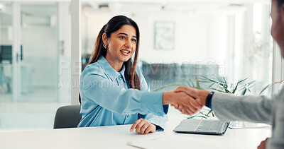 Buy stock photo Handshake, meeting and business people in office for partnership, financial advisor and agreement. Corporate, professional and workers shaking hands for investment deal, negotiation and teamwork