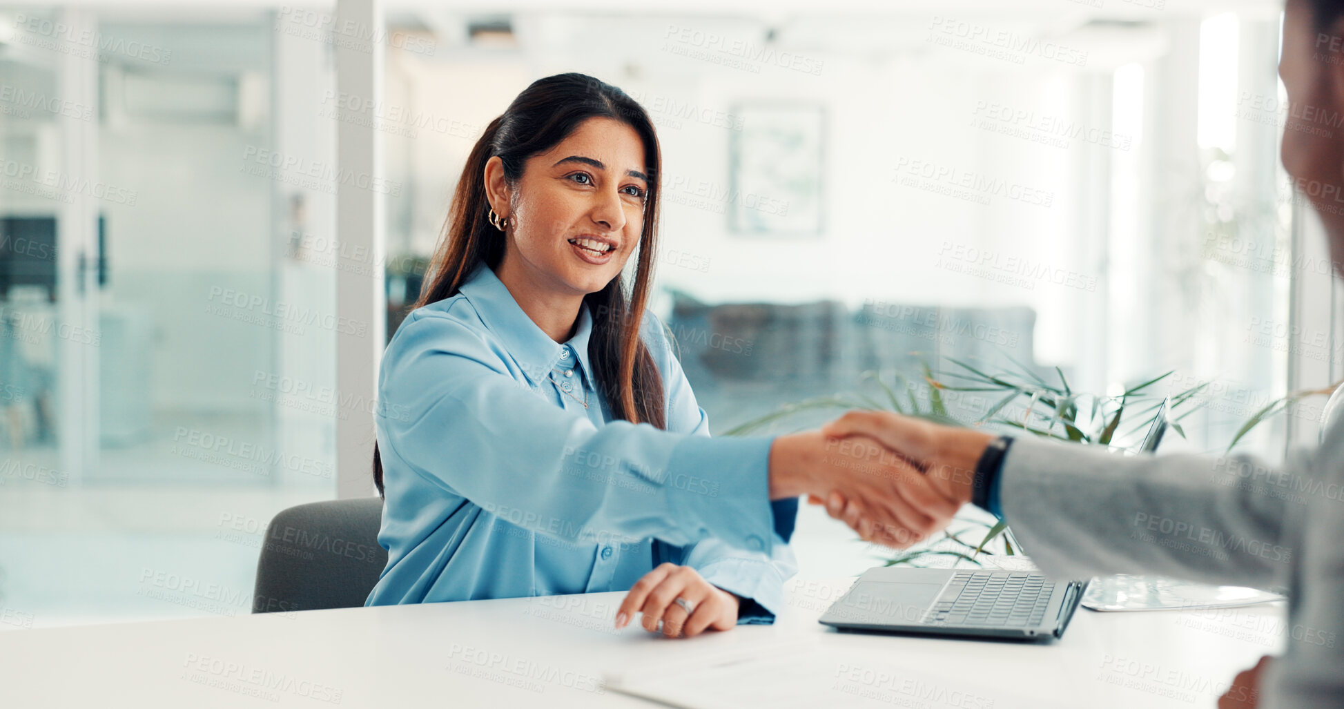 Buy stock photo Handshake, meeting and business people in office for partnership, financial advisor and agreement. Corporate, professional and workers shaking hands for investment deal, negotiation and teamwork
