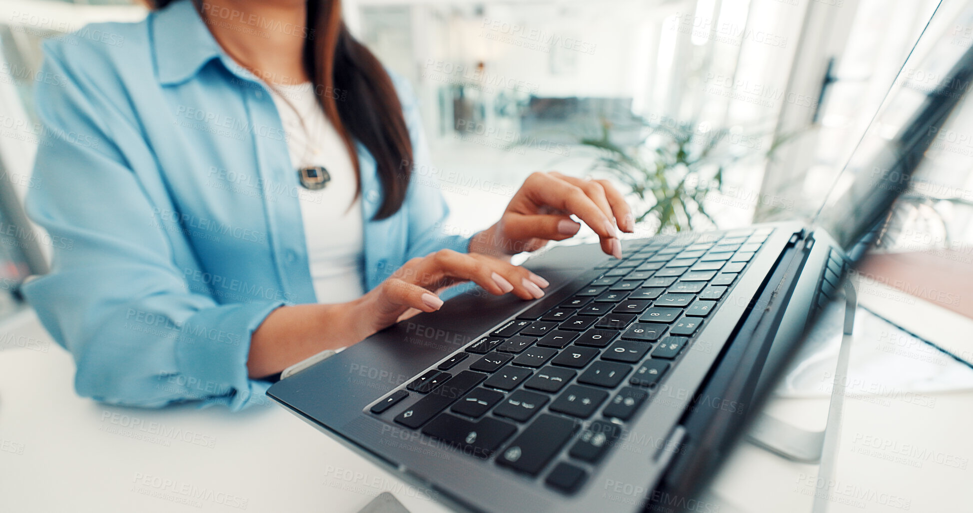 Buy stock photo Hands, office and business woman on laptop for finance report, online research and proposal. Professional, corporate and worker typing on computer for financial review, website and budget planning