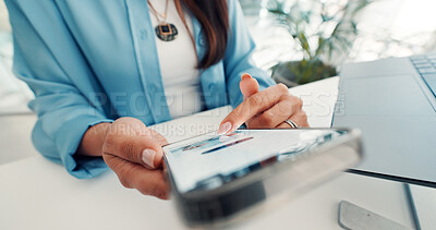 Buy stock photo Hands, phone and business person scroll in office for online website, investment research and internet. Professional, corporate and worker on smartphone for connection, mobile app and financial news