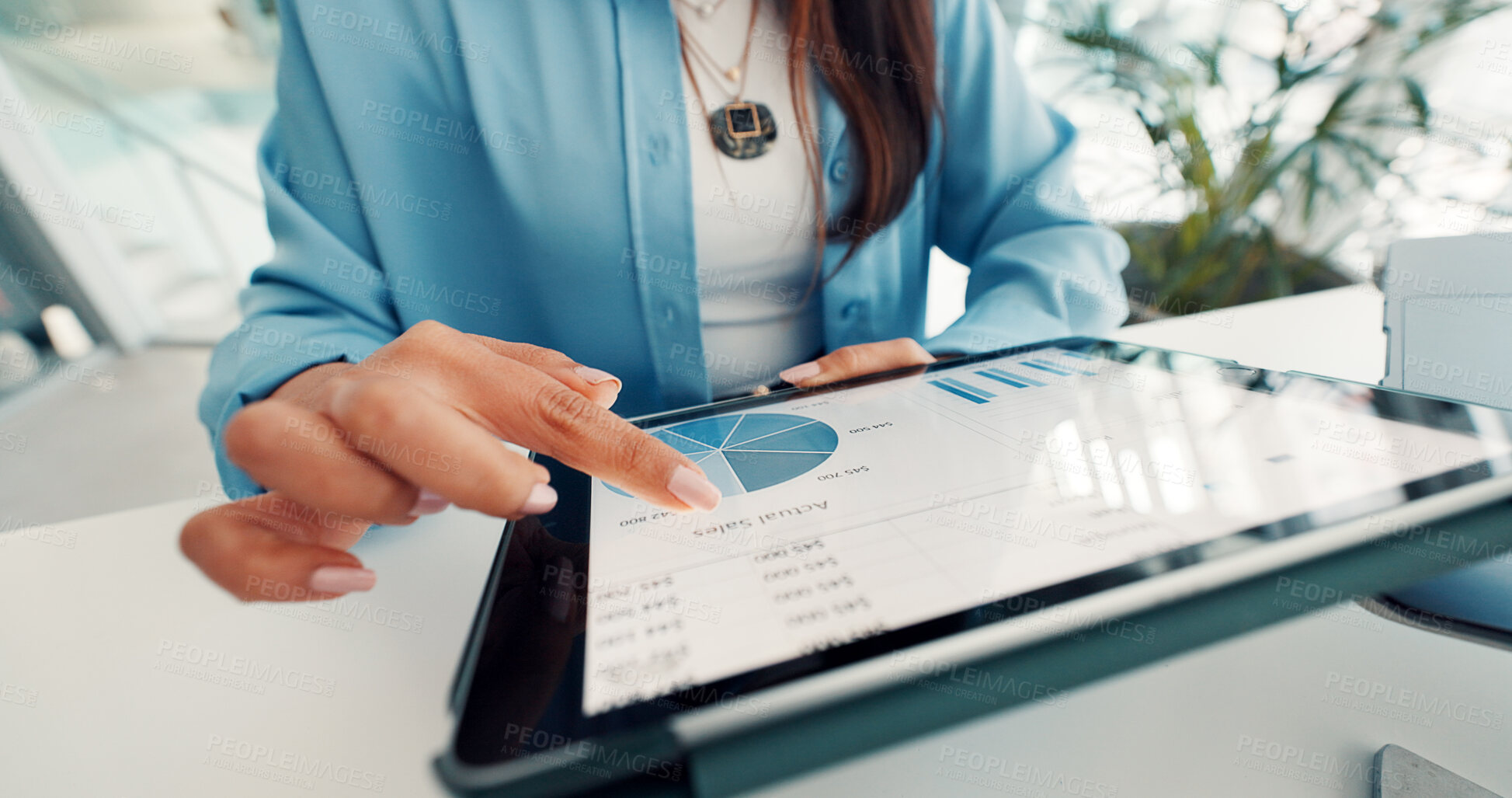 Buy stock photo Hands, tablet and business woman with graph for finance report, investment research and statistics. Professional, corporate and person on digital tech for financial chart, planning and budget review