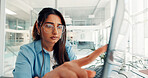 Reading, woman or pointing to laptop in office for fact checking blog, article review or accuracy. Publishing agency, editor or tech for source verification, editing publication or proofreading story