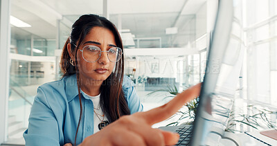 Buy stock photo Reading, woman or pointing to laptop in office for fact checking blog, article review or accuracy. Publishing agency, editor or tech for source verification, editing publication or proofreading story