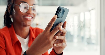 Buy stock photo Hands, business woman and smile with phone in office for viral online video, positive feedback or chat. Social media specialist, person or happy with smartphone for performance report, email or space