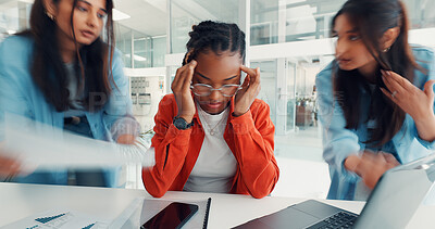 Buy stock photo Laptop, chaos and woman with stress for paperwork with demanding team, multitasking or motion blur. Workload, graphs and manager with headache in office for time management fail, deadline or pressure
