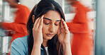 Stress, business woman and headache in office with discomfort, workload crisis and overworked. Motion blur, employee and tension migraine at work from mental strain, deadline pressure and overwhelmed